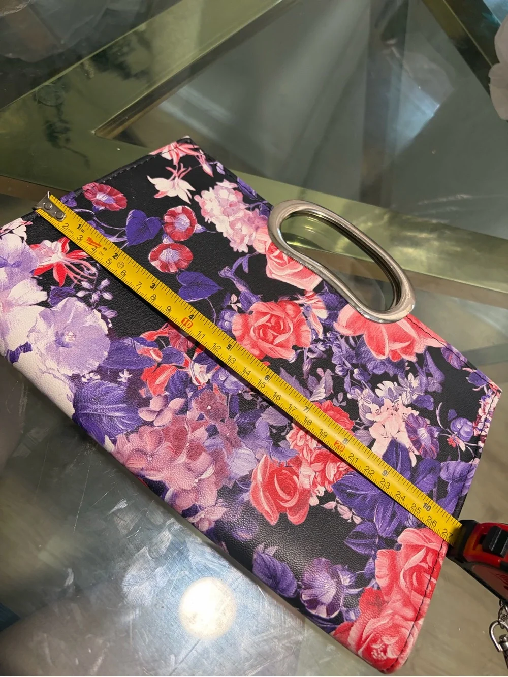 Vintage Floral Evening Clutch Handbag in Black with Pink & Purple Flowers